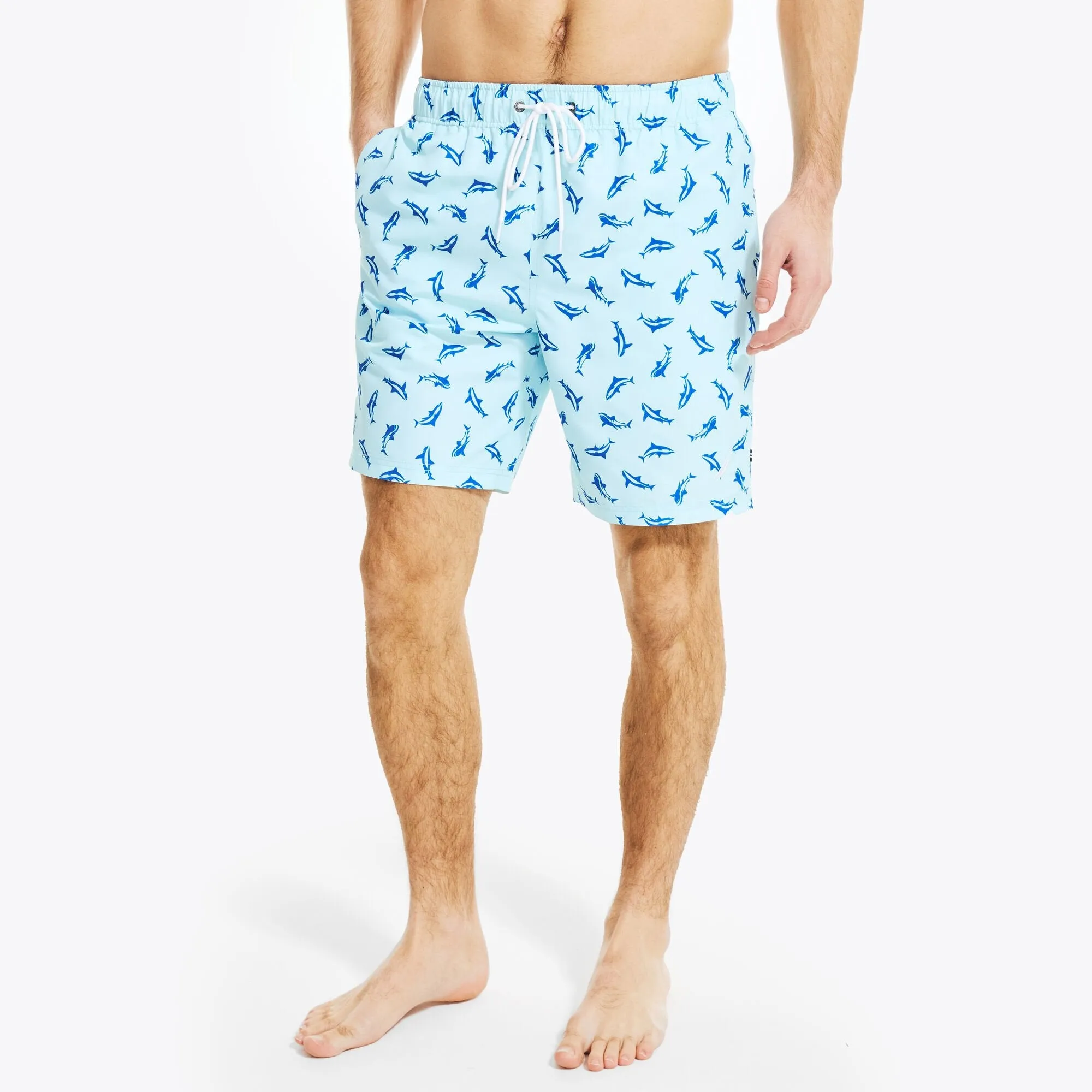 Nautica Men's 8" Big & Tall Sustainably Crafted Shark Print Swim South Beach Aqua Nautica