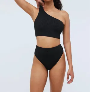 One Shoulder Ribbed Bikini Top In Black
