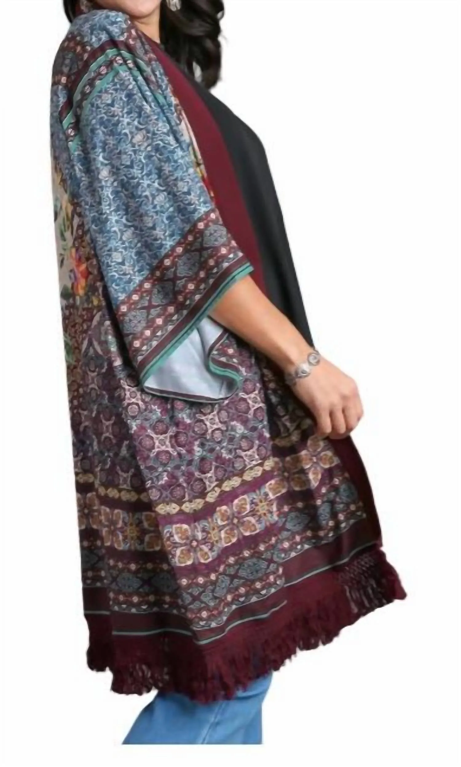 Open Front Print Kimono In Maroon Mix Plus