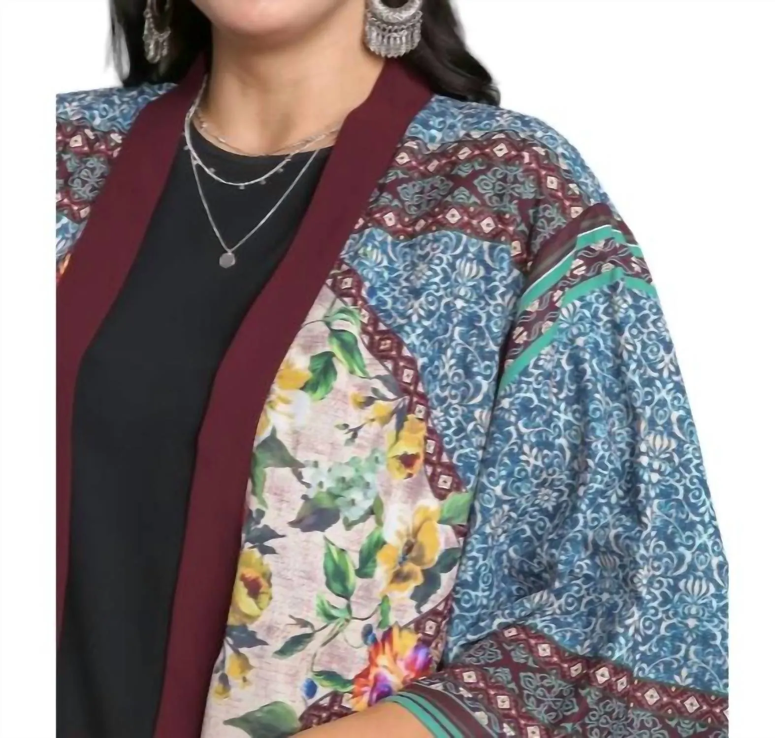 Open Front Print Kimono In Maroon Mix Plus