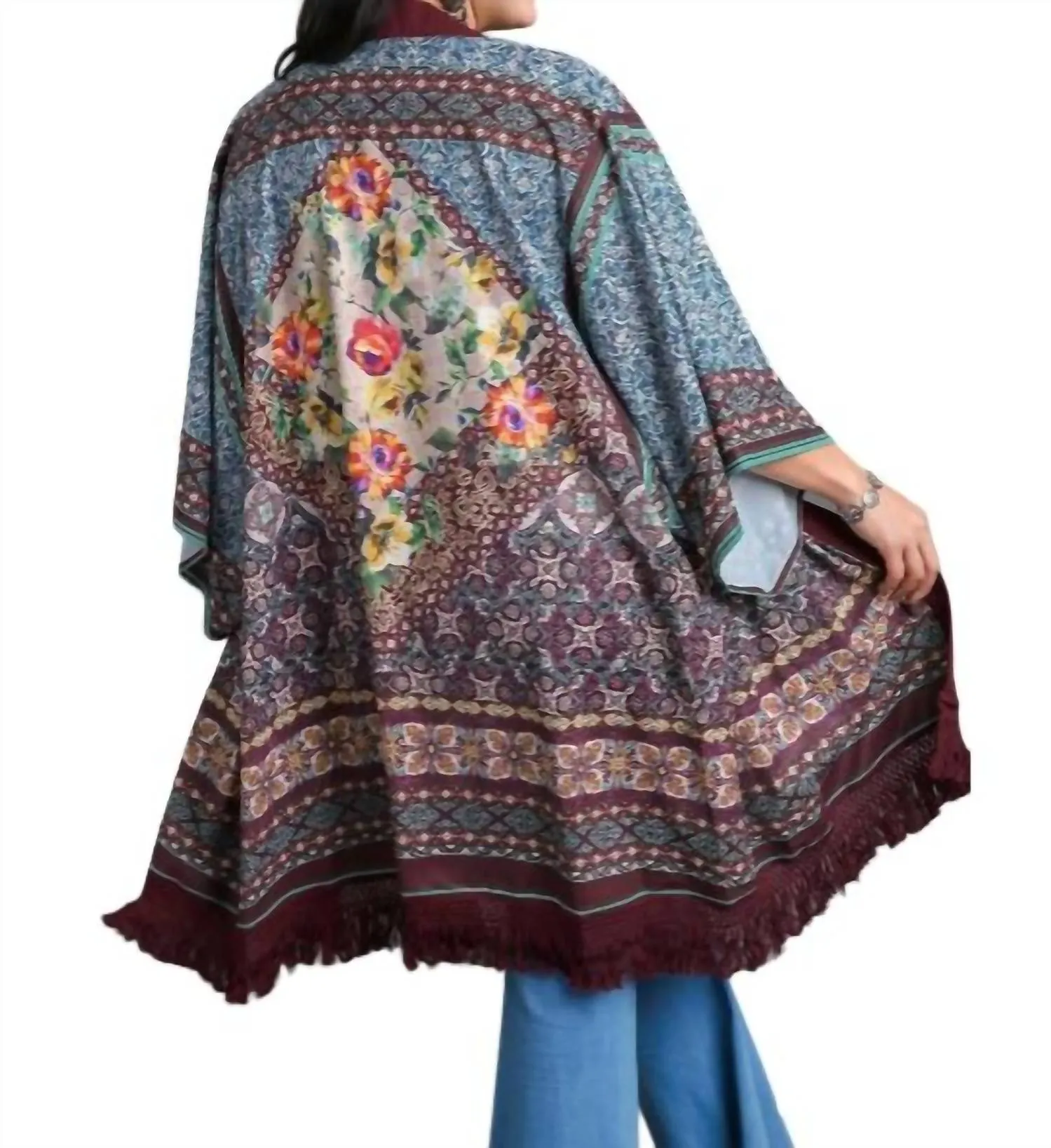 Open Front Print Kimono In Maroon Mix Plus
