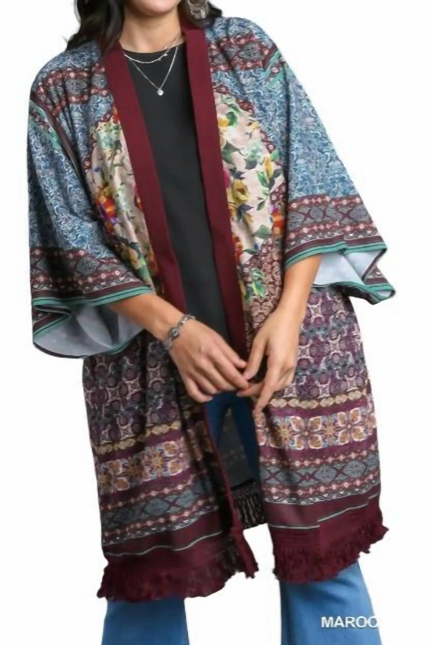 Open Front Print Kimono In Maroon Mix Plus
