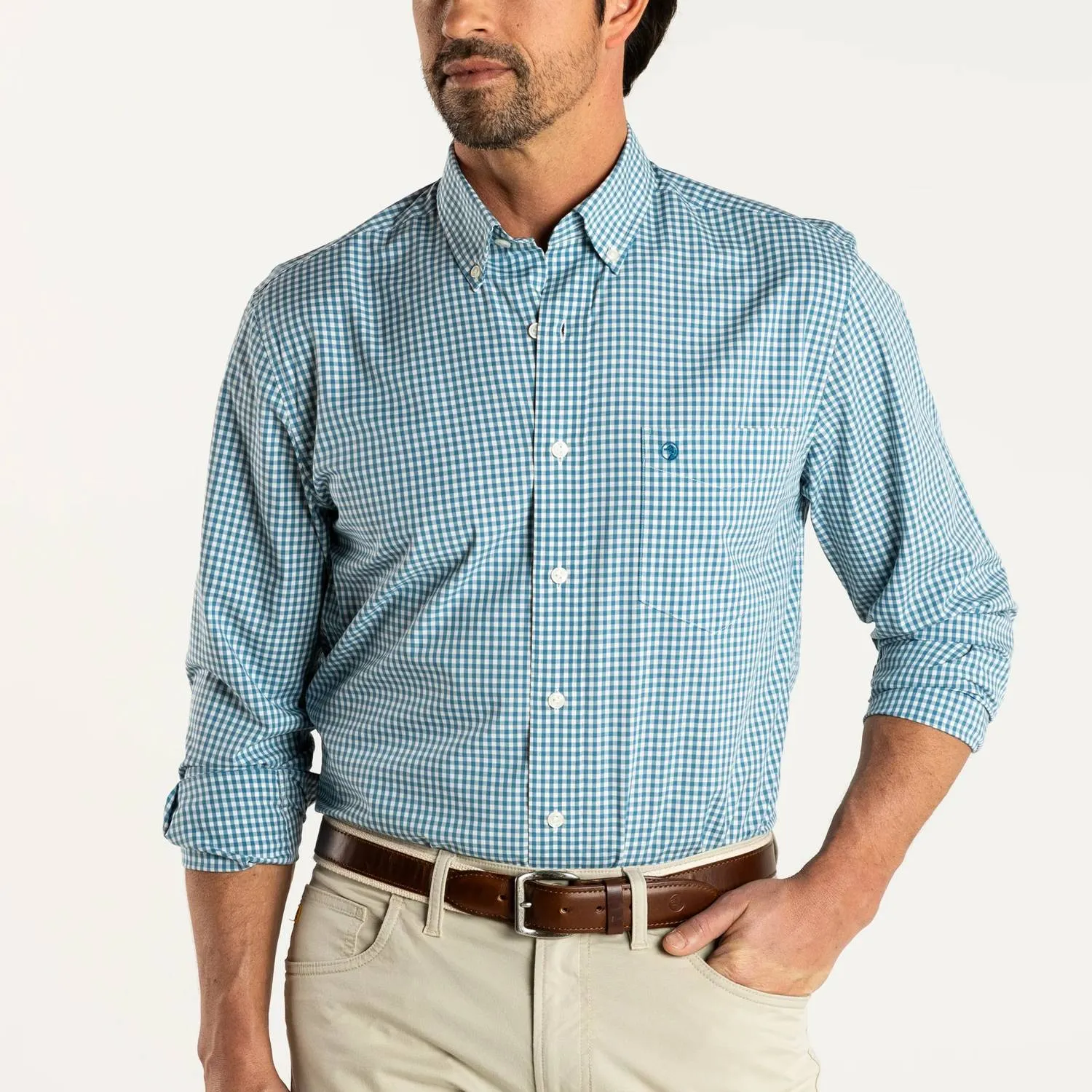 Performance Poplin Walton Gingham Shirt In Aegean Blue
