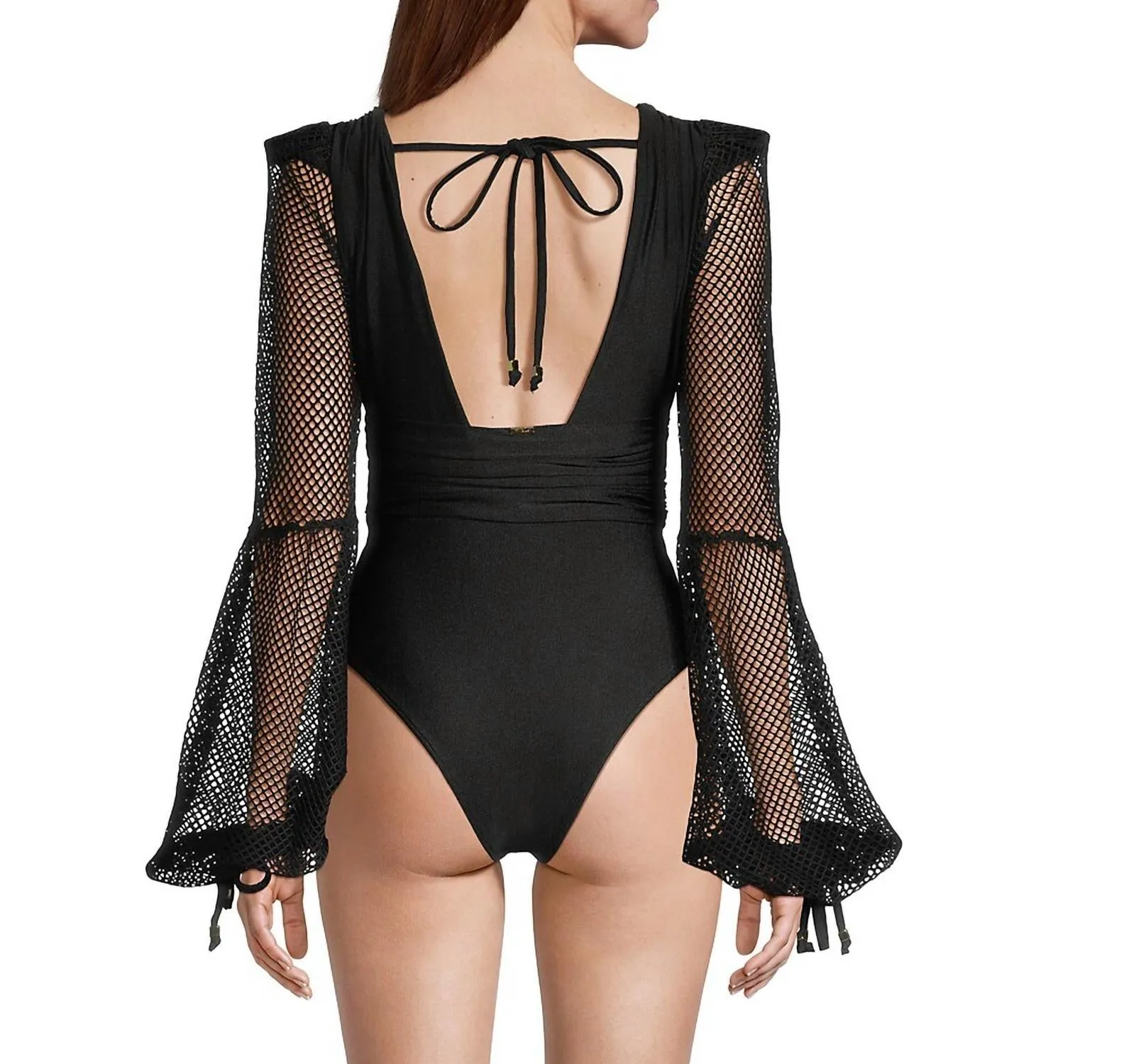 Plunge Fishnet-Sleeve One-Piece Swimsuit In Black