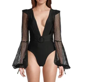Plunge Fishnet-Sleeve One-Piece Swimsuit In Black