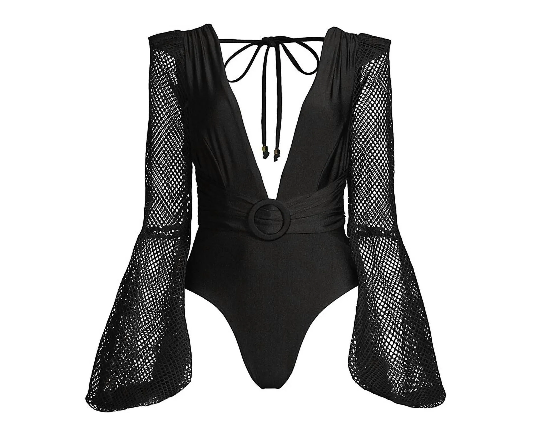Plunge Fishnet-Sleeve One-Piece Swimsuit In Black