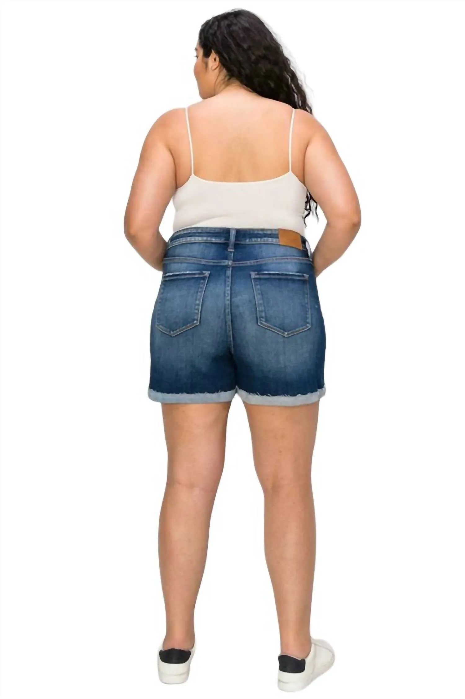 Plus Size Grace High Rise Stretch Midi Cuff Shorts In Dark Blue