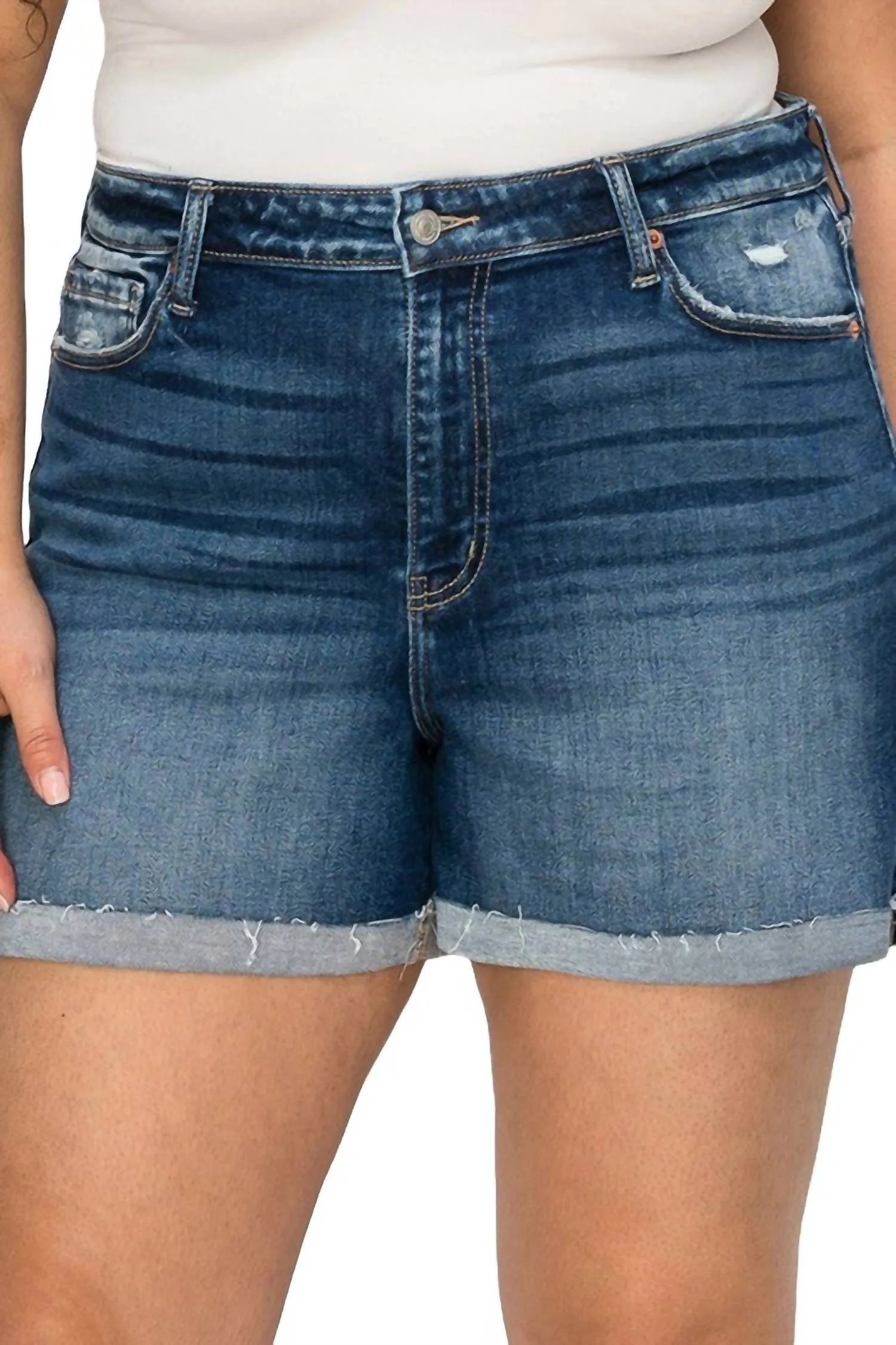Plus Size Grace High Rise Stretch Midi Cuff Shorts In Dark Blue