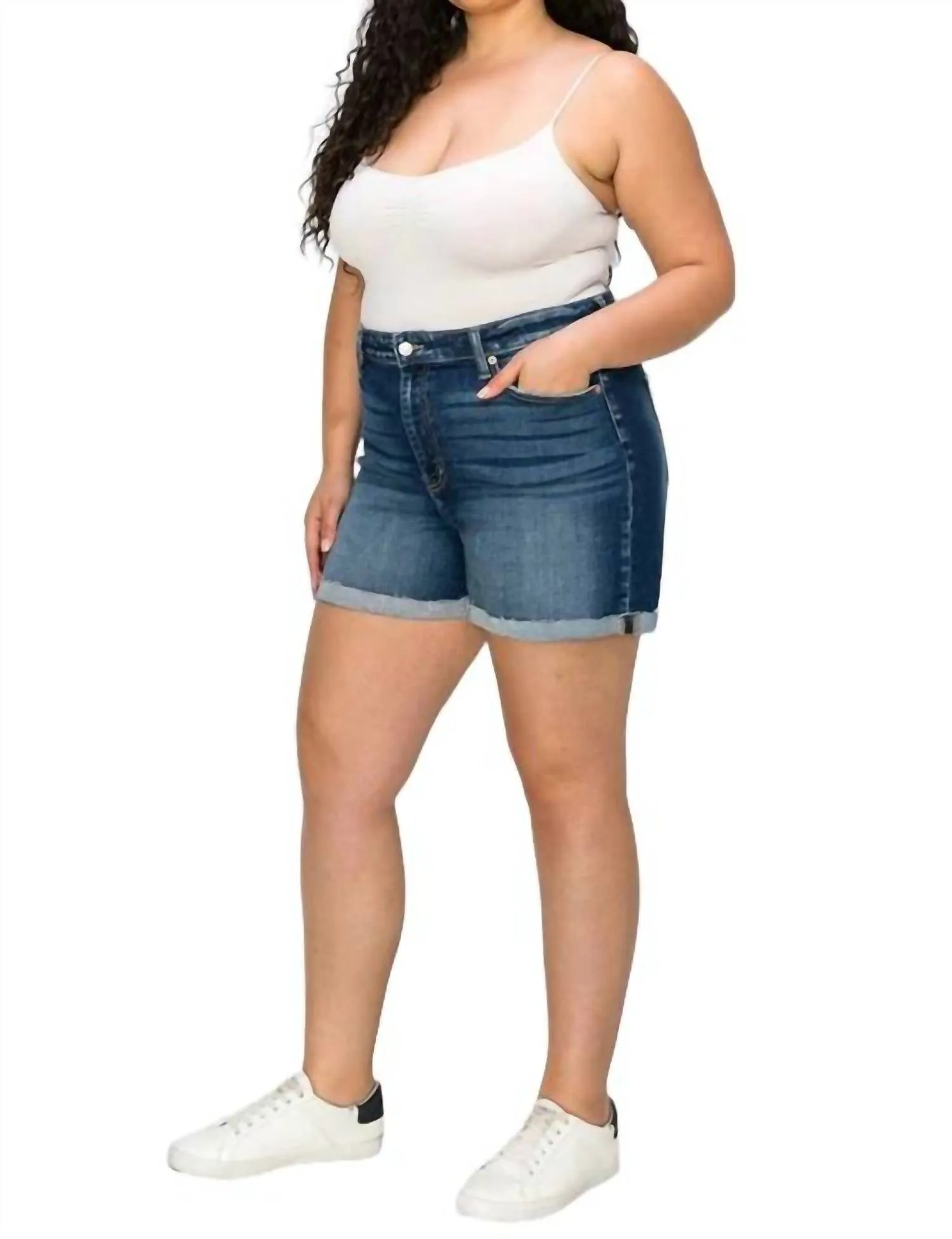 Plus Size Grace High Rise Stretch Midi Cuff Shorts In Dark Blue
