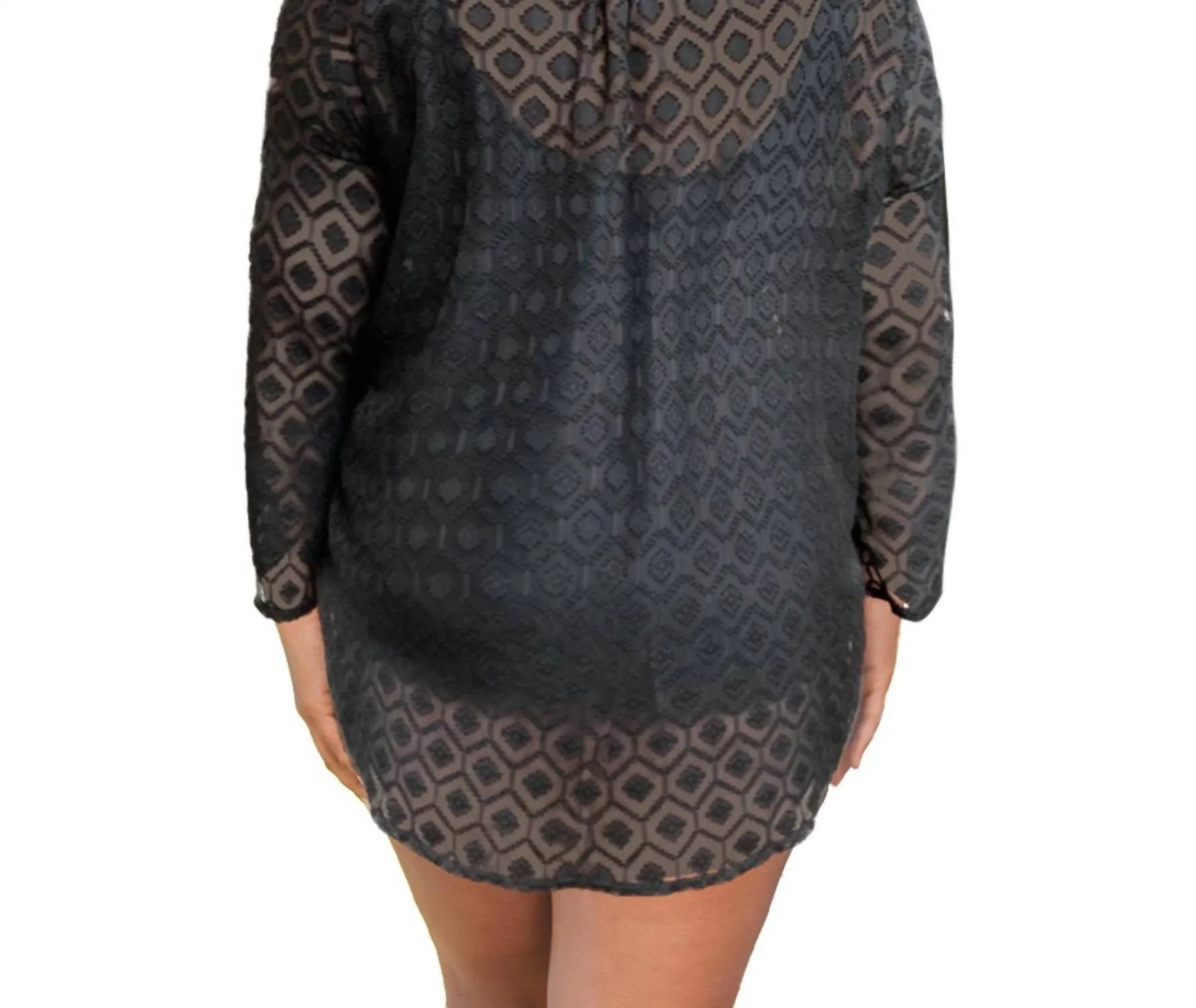 Plus Size Long Sleeve V-Neck Tunic Cover Up In Black