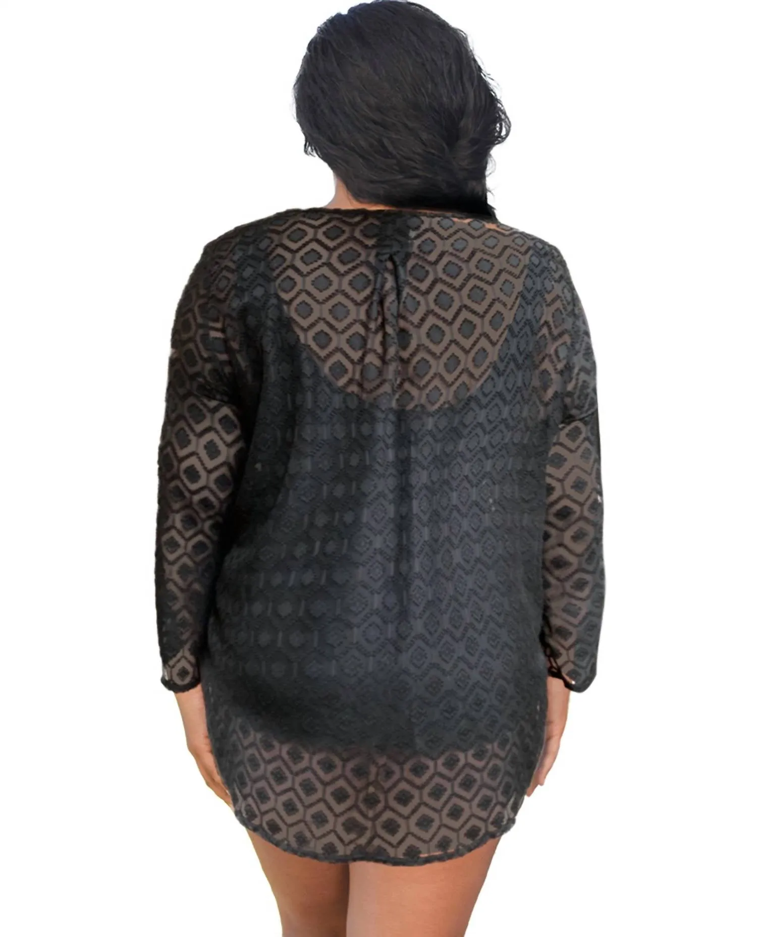 Plus Size Long Sleeve V-Neck Tunic Cover Up In Black