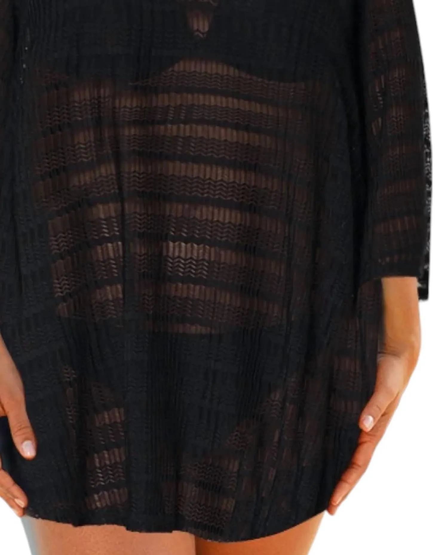 Plus Size Textured V-Neck Lace Bell Sleeve Tunic Cover Up In Black