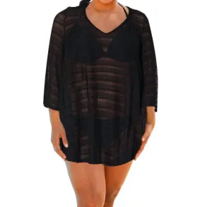 Plus Size Textured V-Neck Lace Bell Sleeve Tunic Cover Up In Black