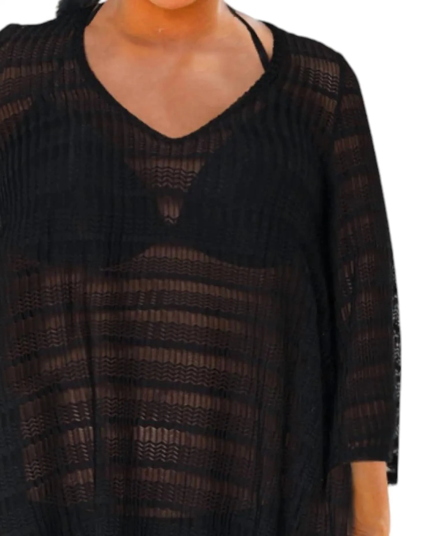 Plus Size Textured V-Neck Lace Bell Sleeve Tunic Cover Up In Black