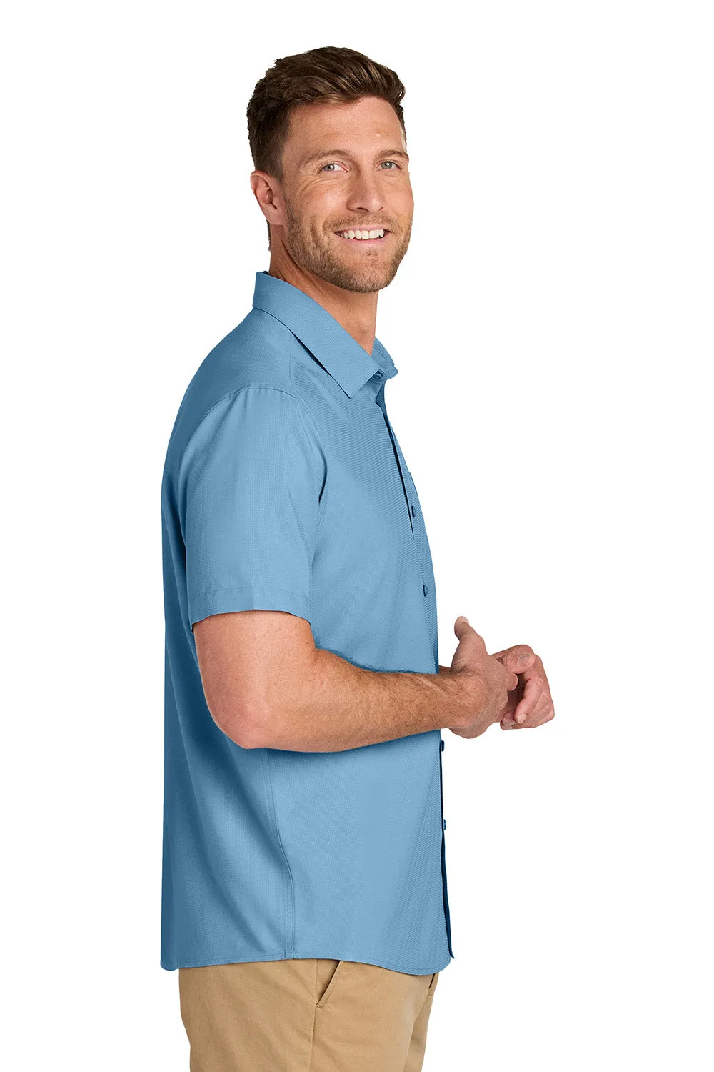 Port Authority Mens UV Dockside Moisture Wicking Short Sleeve Button Down Shirt w/ Pocket - Carolina Blue