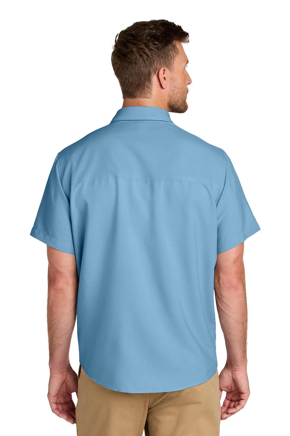 Port Authority Mens UV Dockside Moisture Wicking Short Sleeve Button Down Shirt w/ Pocket - Carolina Blue
