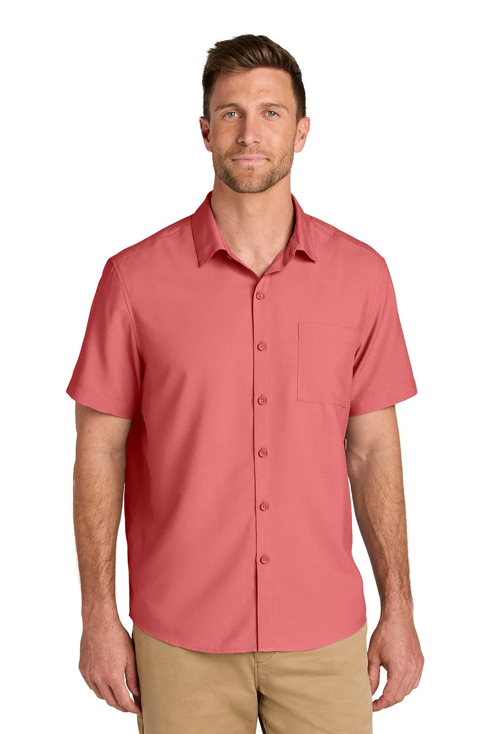 Port Authority Mens UV Dockside Moisture Wicking Short Sleeve Button Down Shirt w/ Pocket - Coral Reef