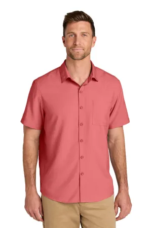 Port Authority Mens UV Dockside Moisture Wicking Short Sleeve Button Down Shirt w/ Pocket - Coral Reef