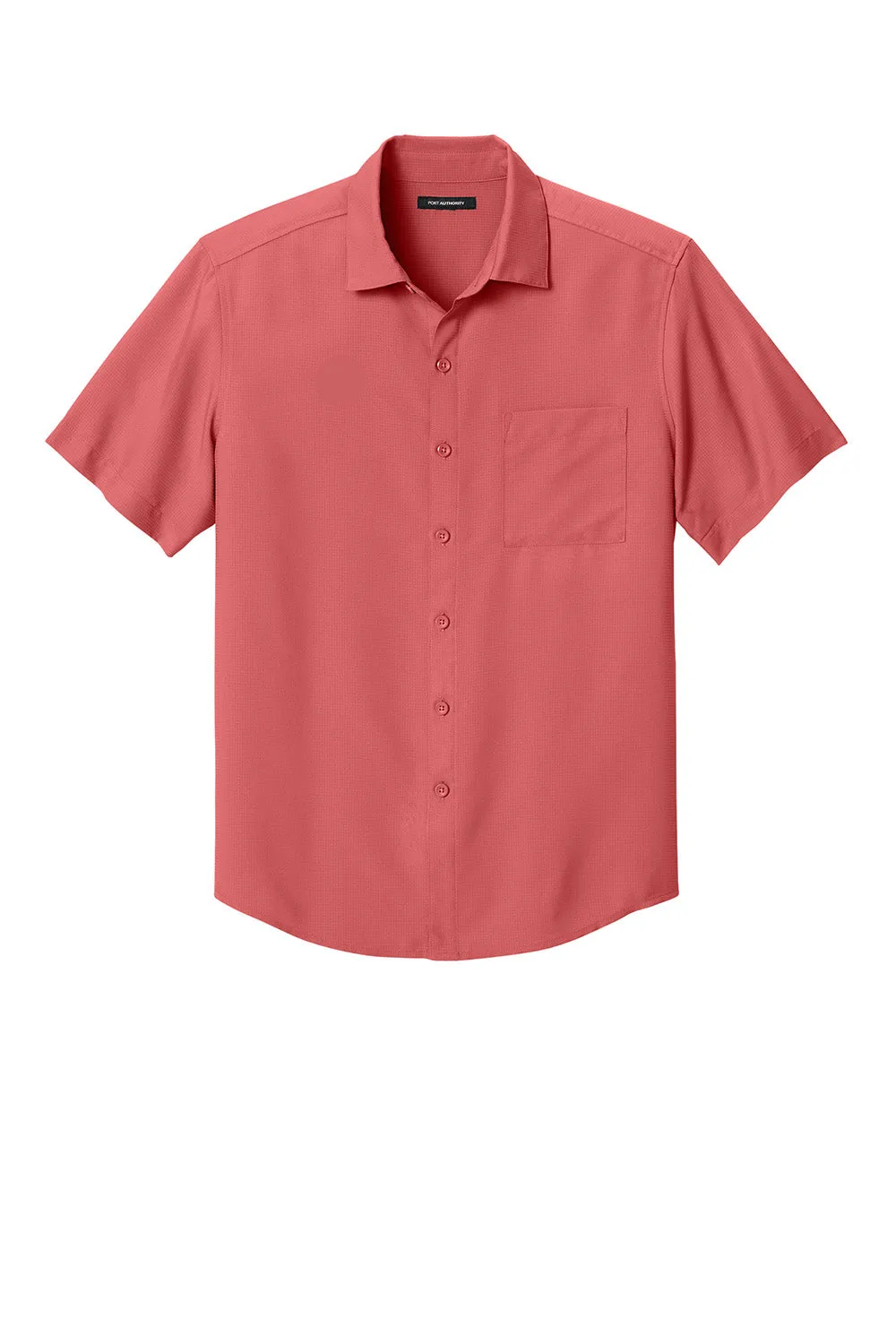 Port Authority Mens UV Dockside Moisture Wicking Short Sleeve Button Down Shirt w/ Pocket - Coral Reef