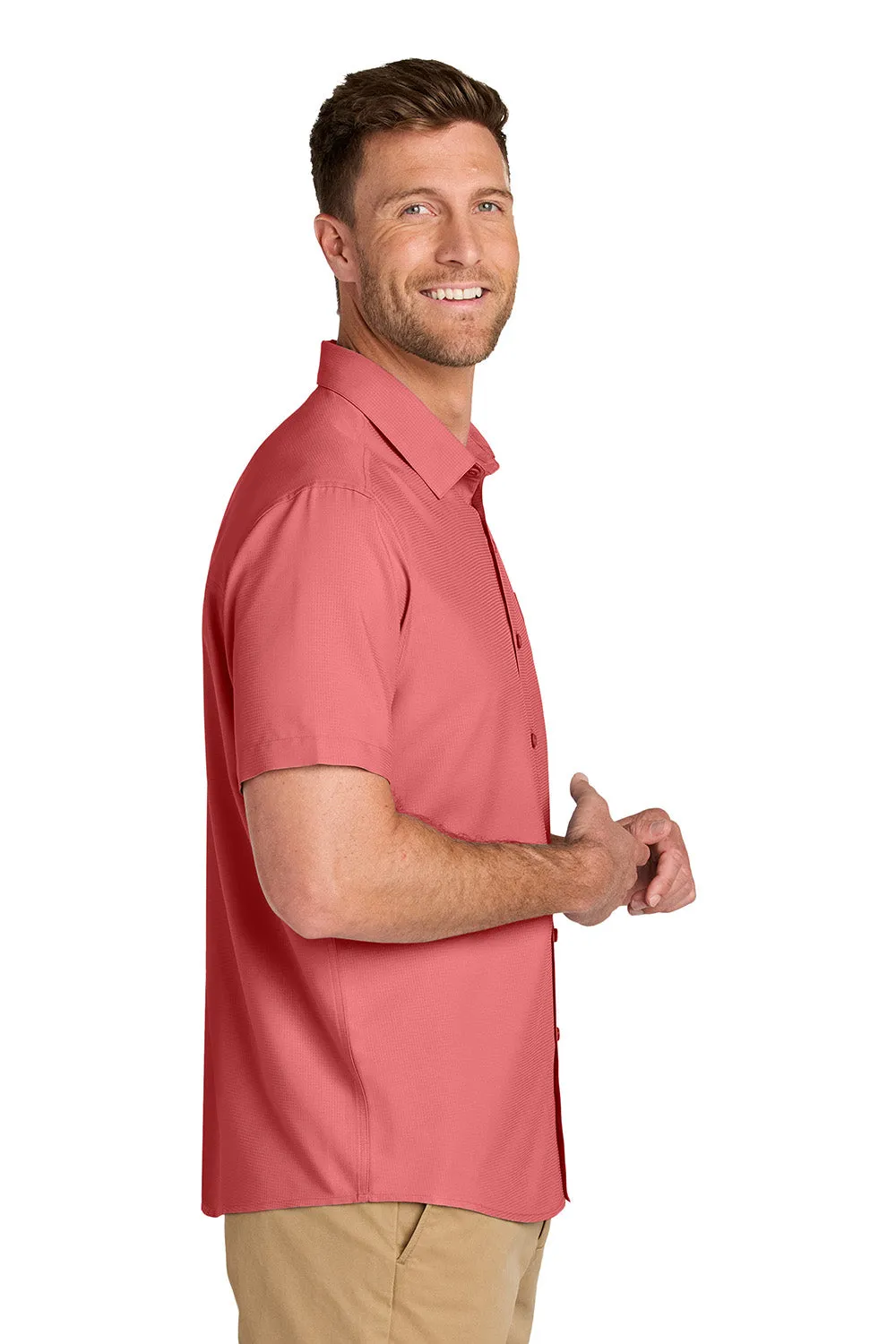 Port Authority Mens UV Dockside Moisture Wicking Short Sleeve Button Down Shirt w/ Pocket - Coral Reef