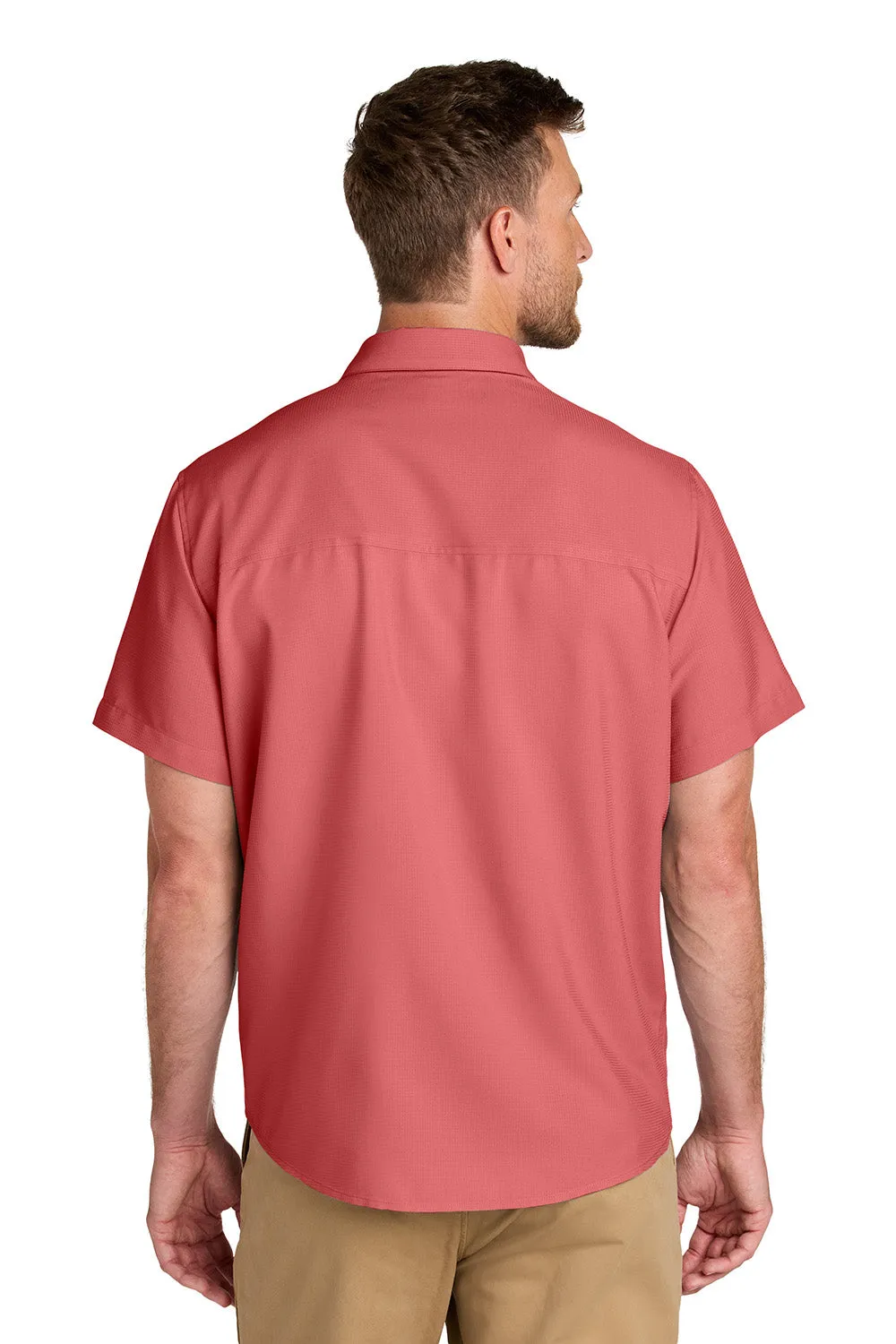 Port Authority Mens UV Dockside Moisture Wicking Short Sleeve Button Down Shirt w/ Pocket - Coral Reef