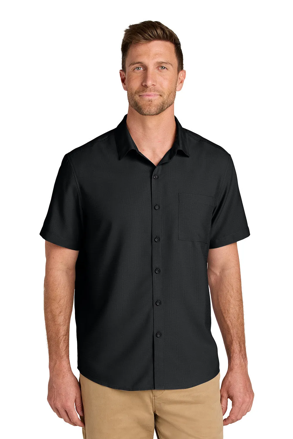 Port Authority Mens UV Dockside Moisture Wicking Short Sleeve Button Down Shirt w/ Pocket - Deep Black