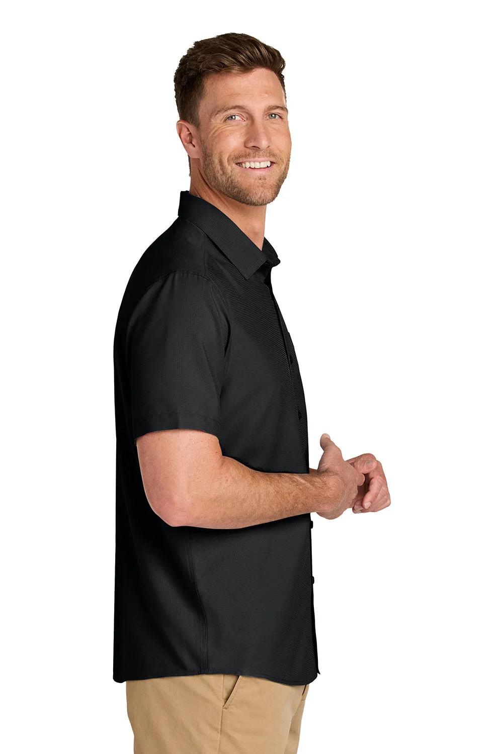 Port Authority Mens UV Dockside Moisture Wicking Short Sleeve Button Down Shirt w/ Pocket - Deep Black