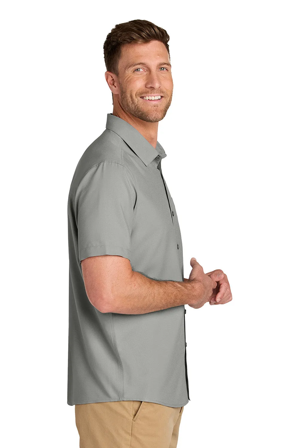 Port Authority Mens UV Dockside Moisture Wicking Short Sleeve Button Down Shirt w/ Pocket - Gusty Grey