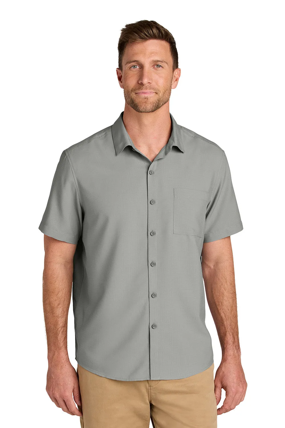 Port Authority Mens UV Dockside Moisture Wicking Short Sleeve Button Down Shirt w/ Pocket - Gusty Grey