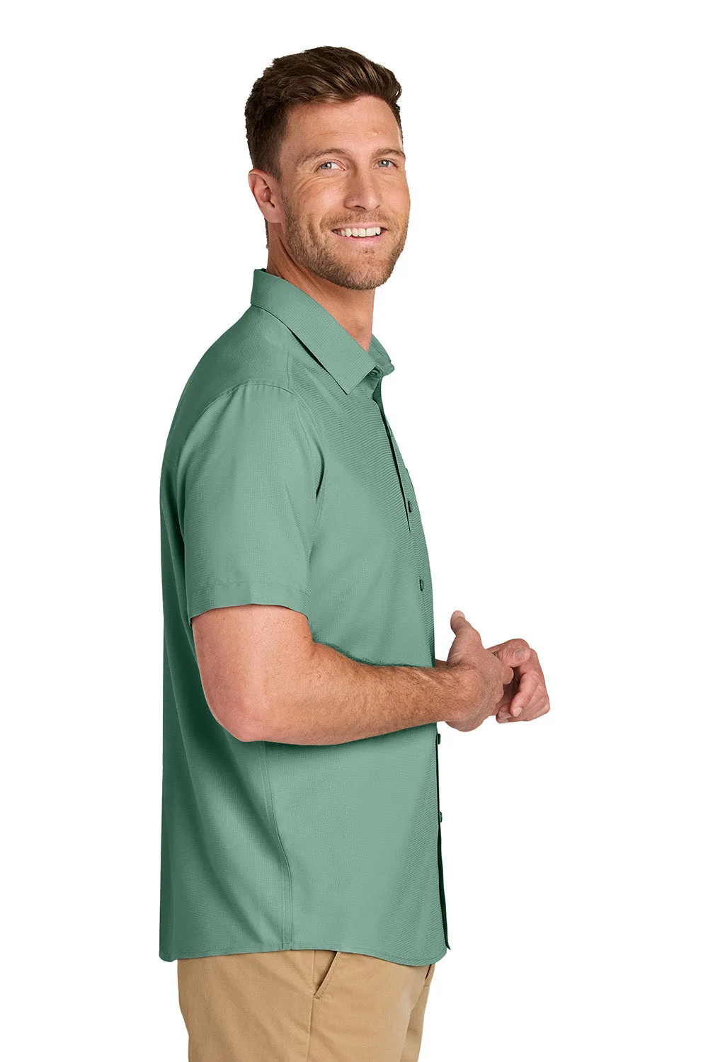 Port Authority Mens UV Dockside Moisture Wicking Short Sleeve Button Down Shirt w/ Pocket - Sage Green