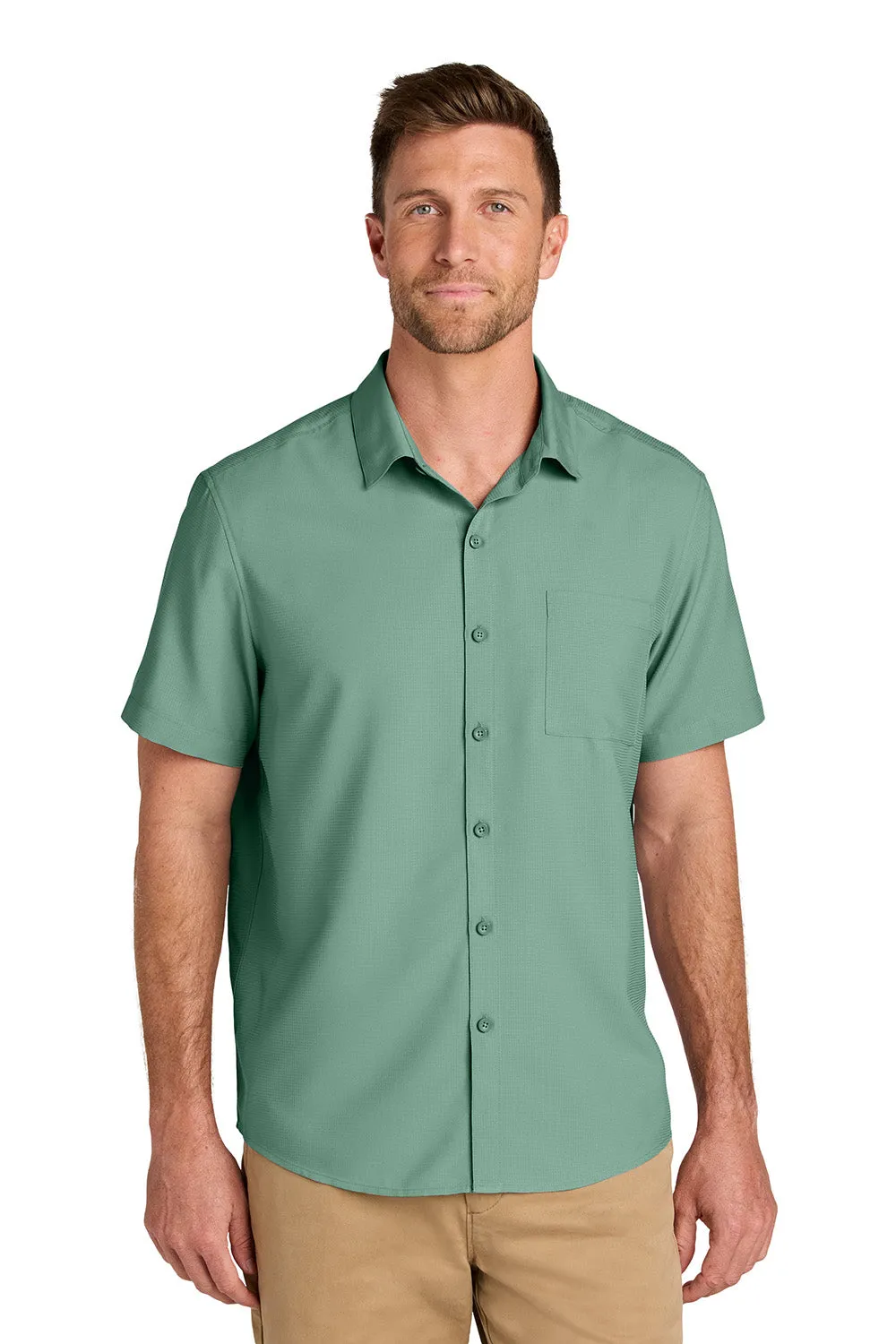 Port Authority Mens UV Dockside Moisture Wicking Short Sleeve Button Down Shirt w/ Pocket - Sage Green