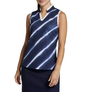 Printed Stripe Sleeveless Polo In Shibori Stripes Navy