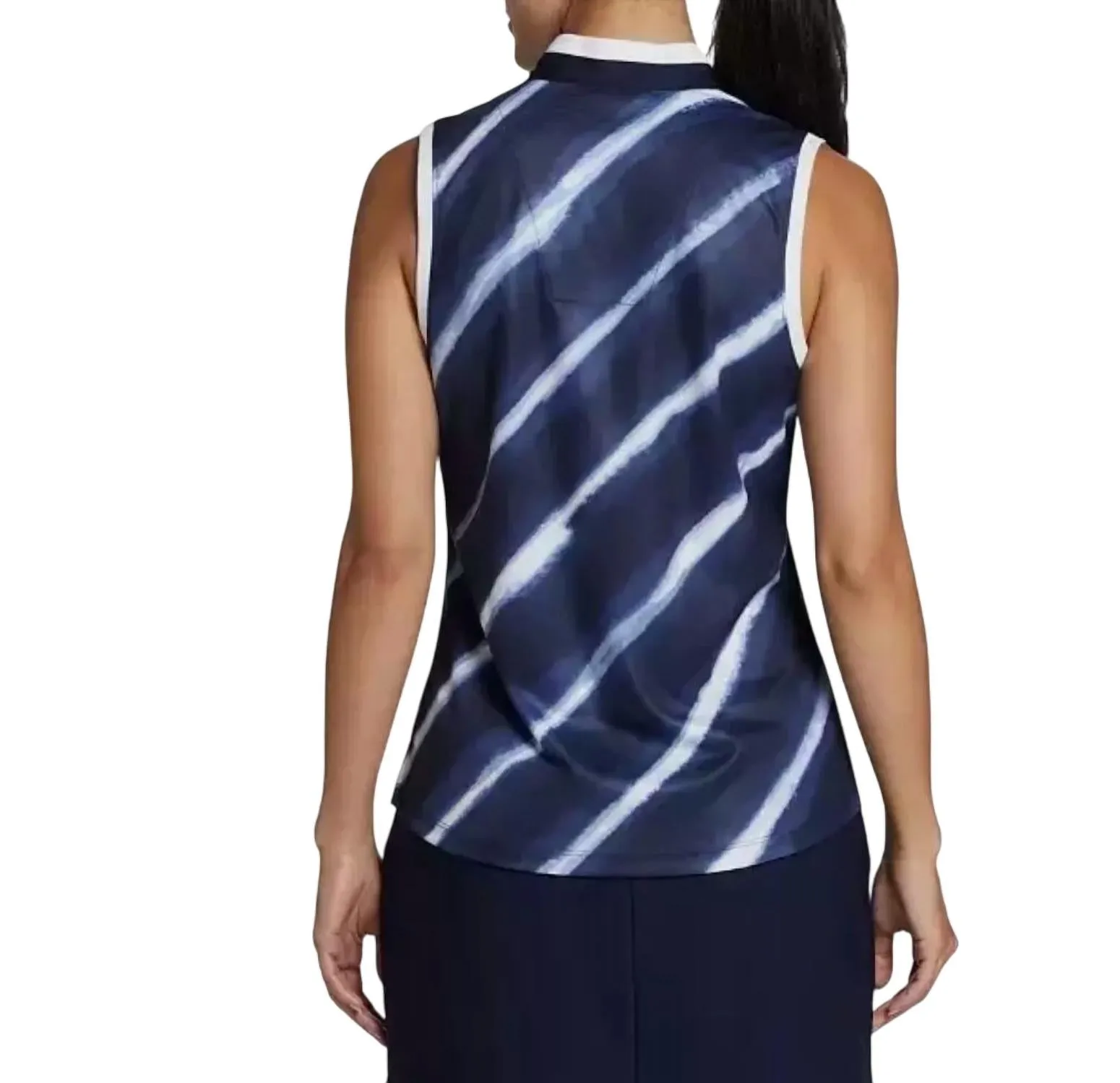 Printed Stripe Sleeveless Polo In Shibori Stripes Navy