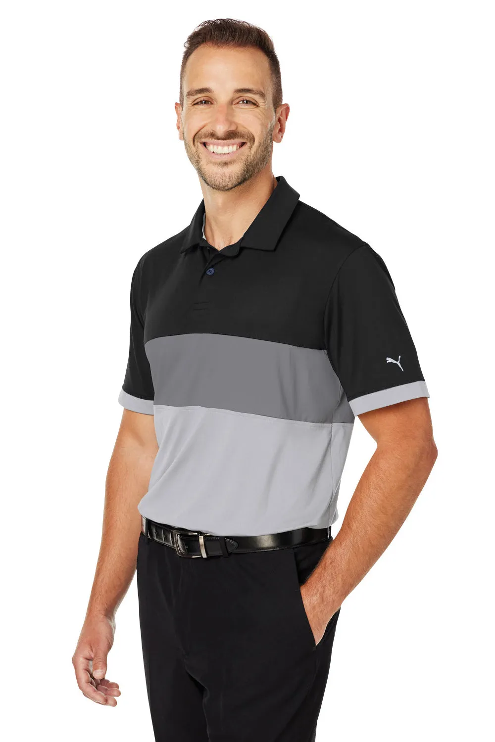 Puma Mens Cloudspun Highway Moisture Wicking Short Sleeve Polo Shirt - Black/Grey