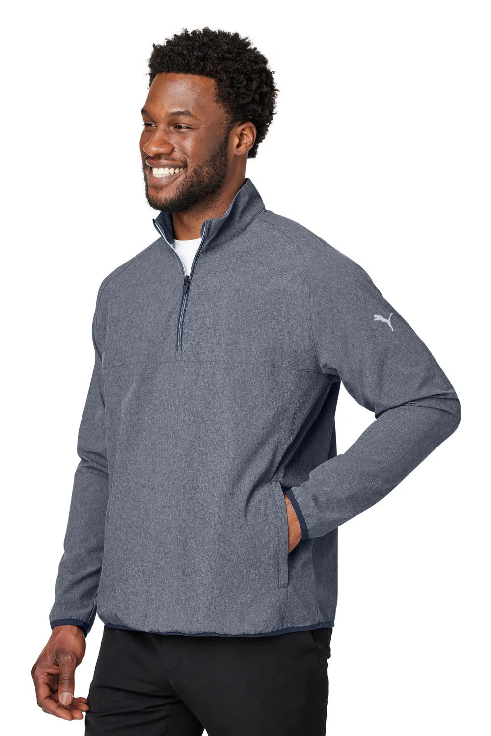 Puma Mens Coastal Woven Moisture Wicking 1/4 Zip Sweatshirt w/ Pockets - Heather Navy Blue