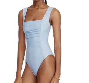 Ruched Square Neck One Piece Swimsuit In Blue