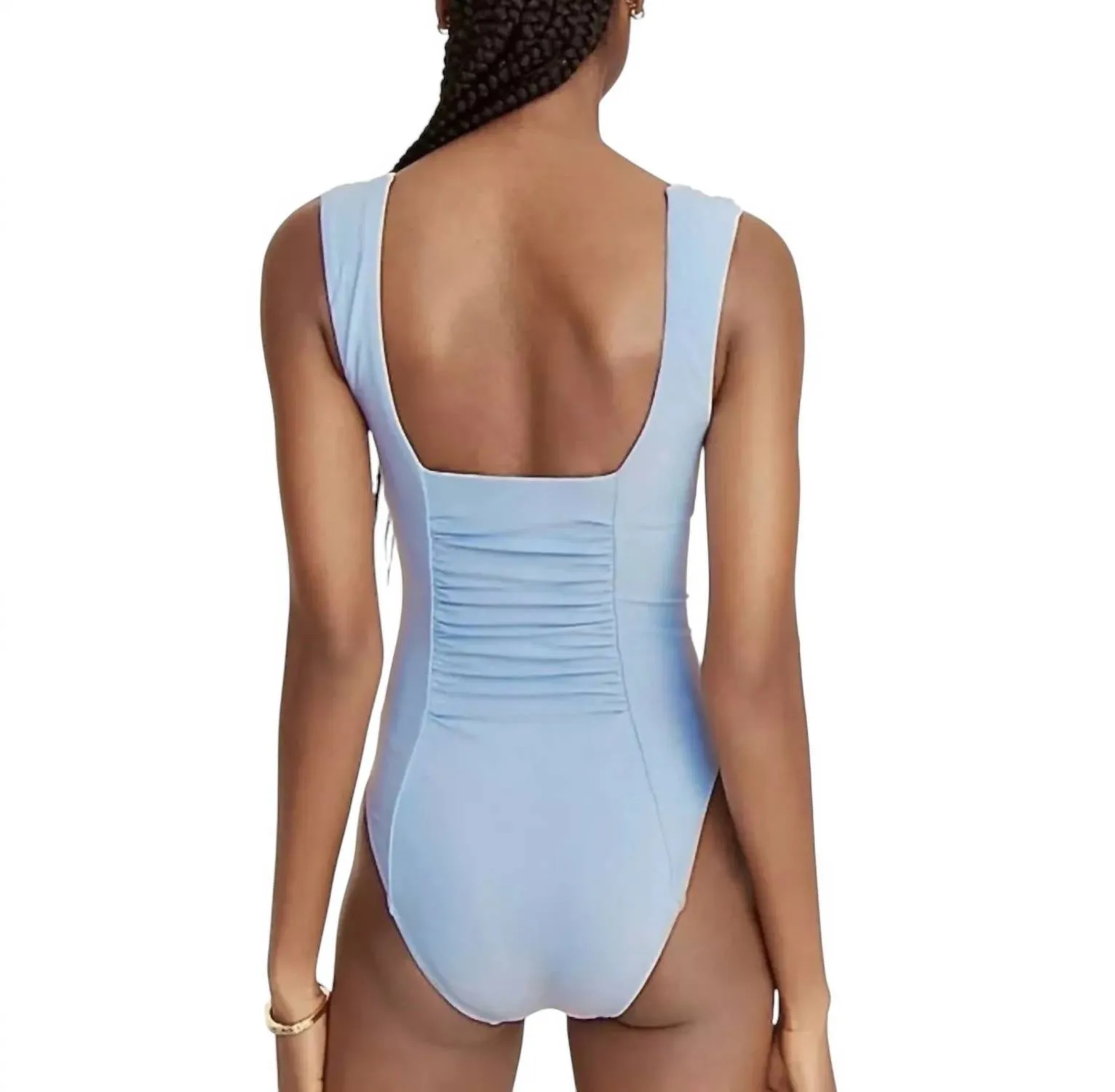 Ruched Square Neck One Piece Swimsuit In Blue