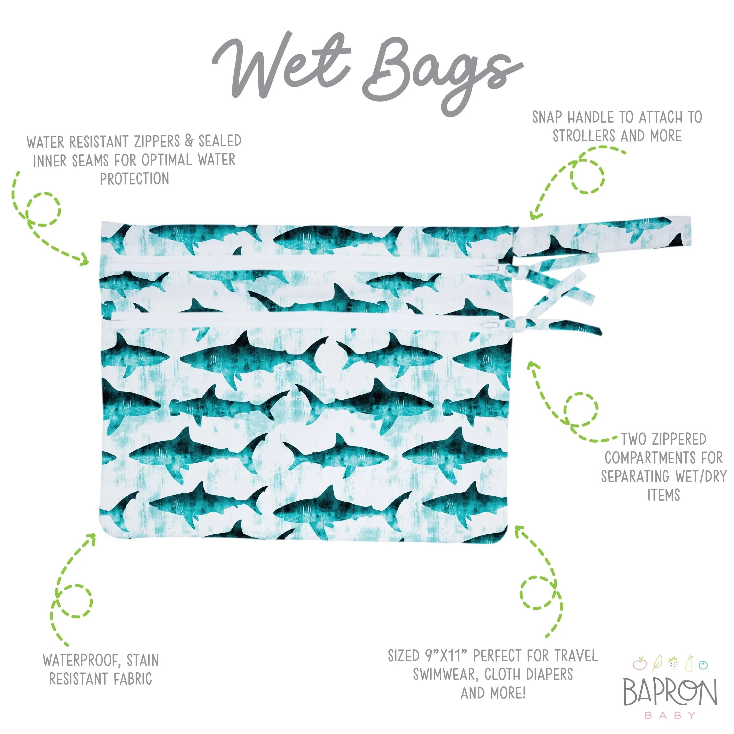 Shark Attack - Waterproof Wet Bag (For Mealtime, On-the-go, And More!) Babykids_Bapron-Baby