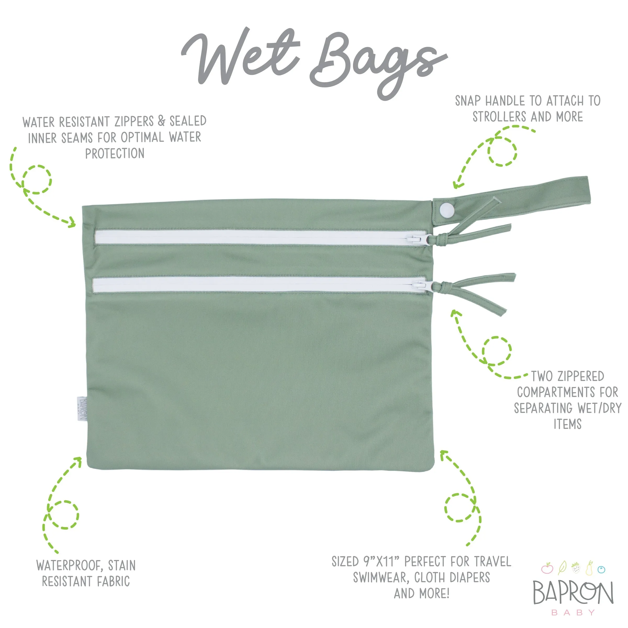 Solid Sage Minimalist - Waterproof Wet Bag (for Mealtime, On-the-go, And More!) Babykids_Bapron-Baby