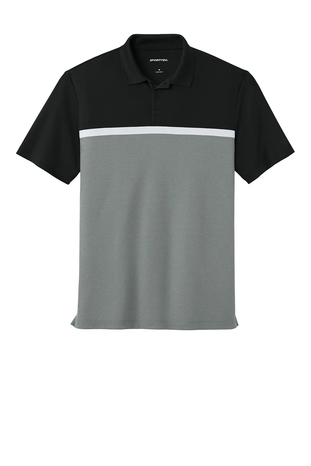 Sport-Tek Mens UV Micropique Colorblock Moisture Wicking Short Sleeve Polo Shirt - Black/Heather Concrete Grey/White