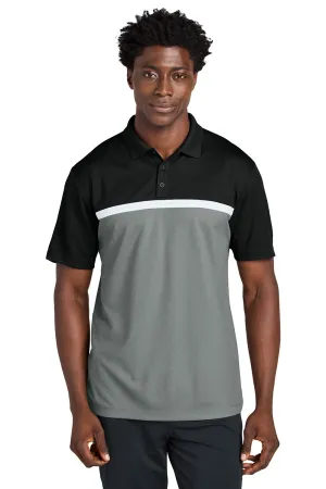 Sport-Tek Mens UV Micropique Colorblock Moisture Wicking Short Sleeve Polo Shirt - Black/Heather Concrete Grey/White