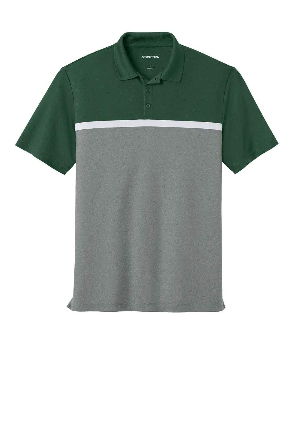 Sport-Tek Mens UV Micropique Colorblock Moisture Wicking Short Sleeve Polo Shirt - Forest Green/Heather Concrete Grey/White