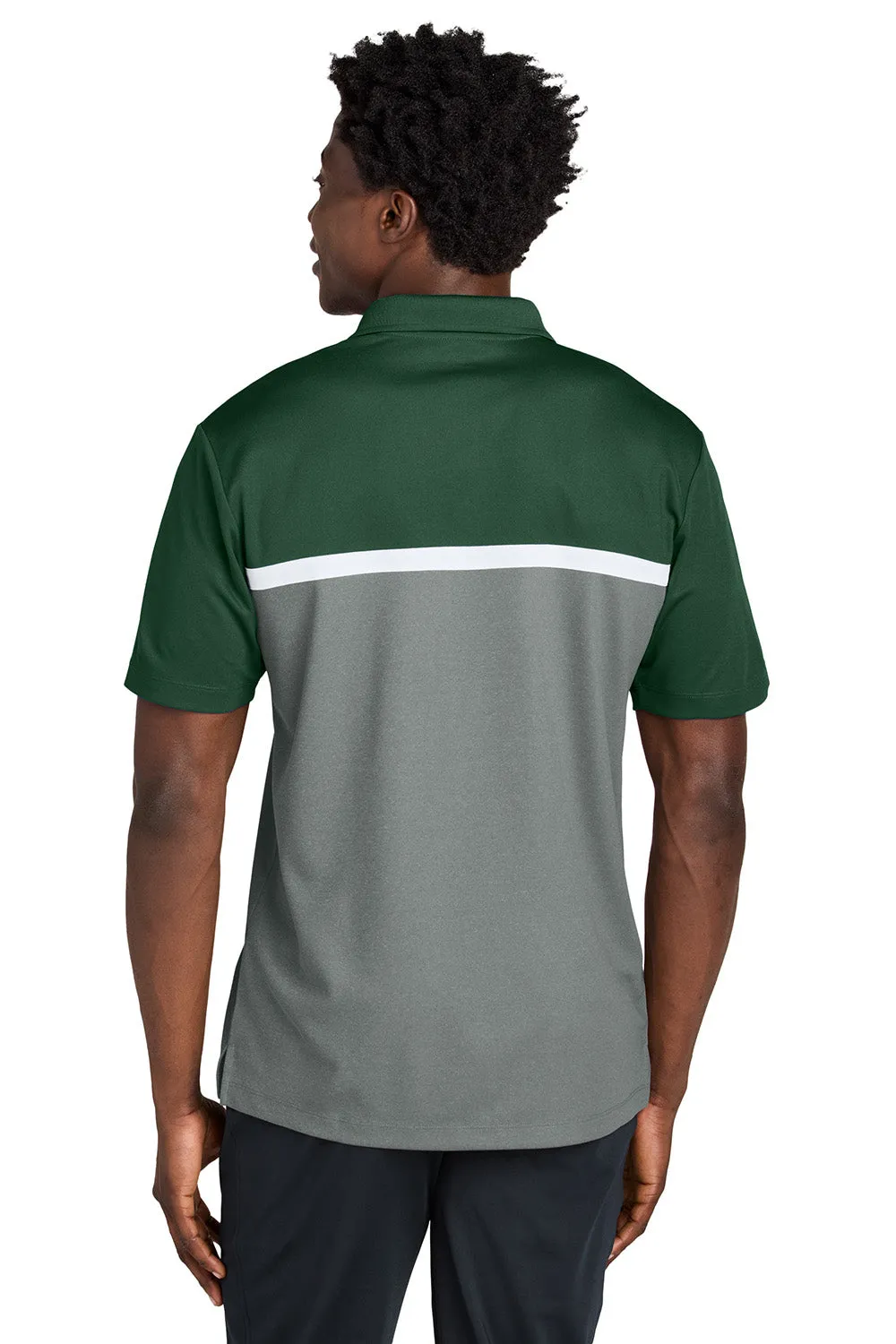 Sport-Tek Mens UV Micropique Colorblock Moisture Wicking Short Sleeve Polo Shirt - Forest Green/Heather Concrete Grey/White