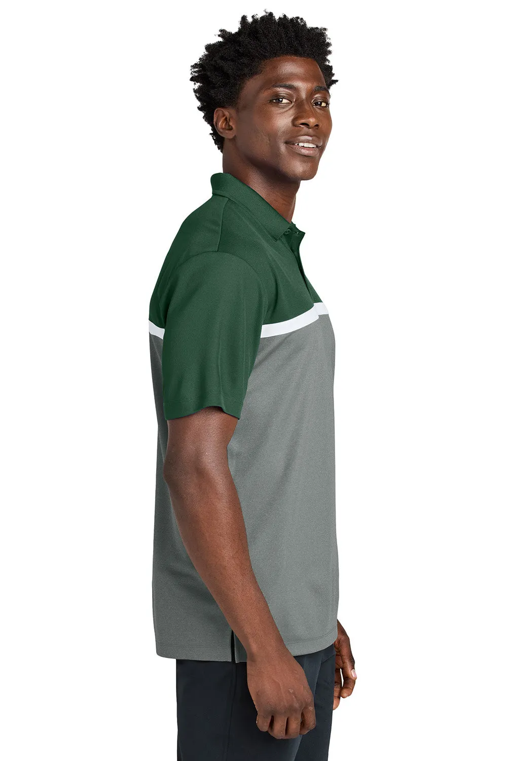 Sport-Tek Mens UV Micropique Colorblock Moisture Wicking Short Sleeve Polo Shirt - Forest Green/Heather Concrete Grey/White