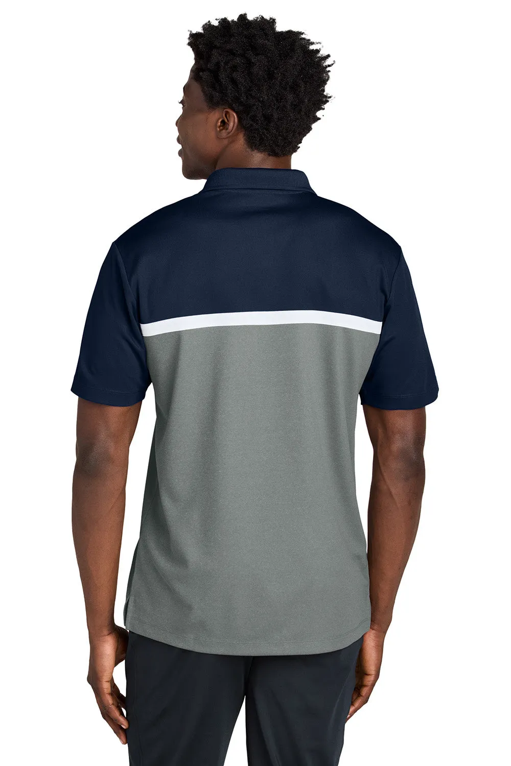 Sport-Tek Mens UV Micropique Colorblock Moisture Wicking Short Sleeve Polo Shirt - True Navy Blue/Heather Concrete Grey/White