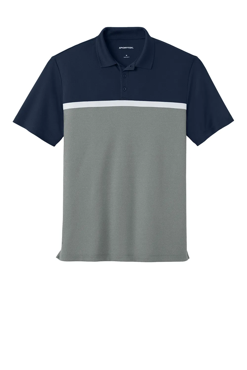Sport-Tek Mens UV Micropique Colorblock Moisture Wicking Short Sleeve Polo Shirt - True Navy Blue/Heather Concrete Grey/White