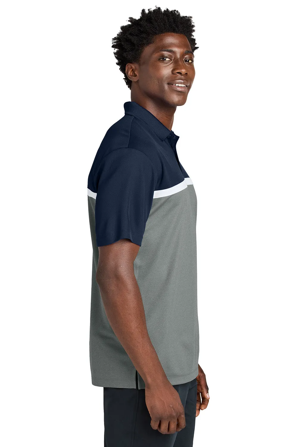 Sport-Tek Mens UV Micropique Colorblock Moisture Wicking Short Sleeve Polo Shirt - True Navy Blue/Heather Concrete Grey/White