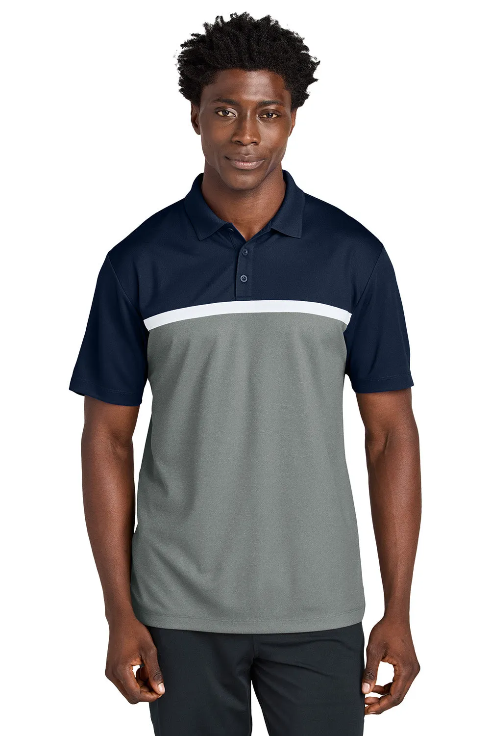 Sport-Tek Mens UV Micropique Colorblock Moisture Wicking Short Sleeve Polo Shirt - True Navy Blue/Heather Concrete Grey/White