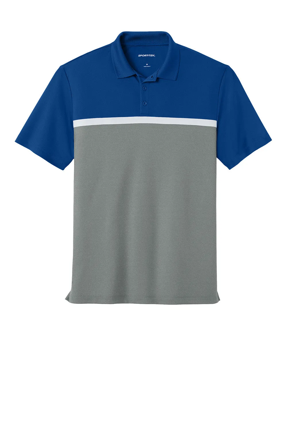 Sport-Tek Mens UV Micropique Colorblock Moisture Wicking Short Sleeve Polo Shirt - True Royal Blue/Heather Concrete Grey/White