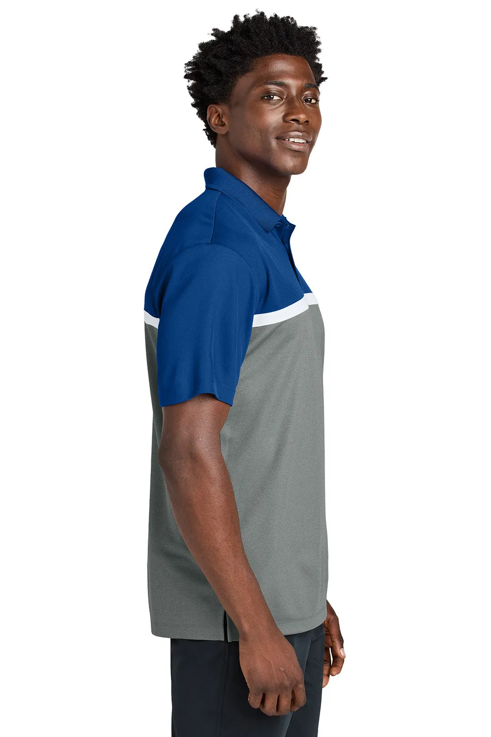 Sport-Tek Mens UV Micropique Colorblock Moisture Wicking Short Sleeve Polo Shirt - True Royal Blue/Heather Concrete Grey/White